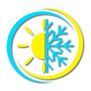 icon of half of a sun and half of a snowflake in yellow and blue