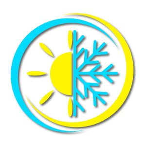 icon of half of a sun and half of a snowflake in yellow and blue