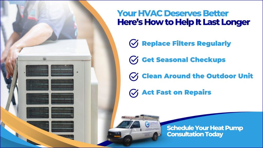 This is an image of an HVAC technician working on a air-conditioning unit. The headline reads your HVAC deserves better. Here's how to help it last longer.