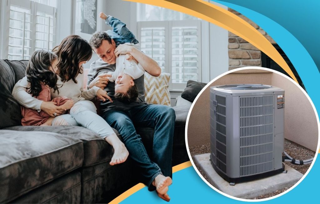 This is an image of a family on the couch, there is a AC unit overlaid.