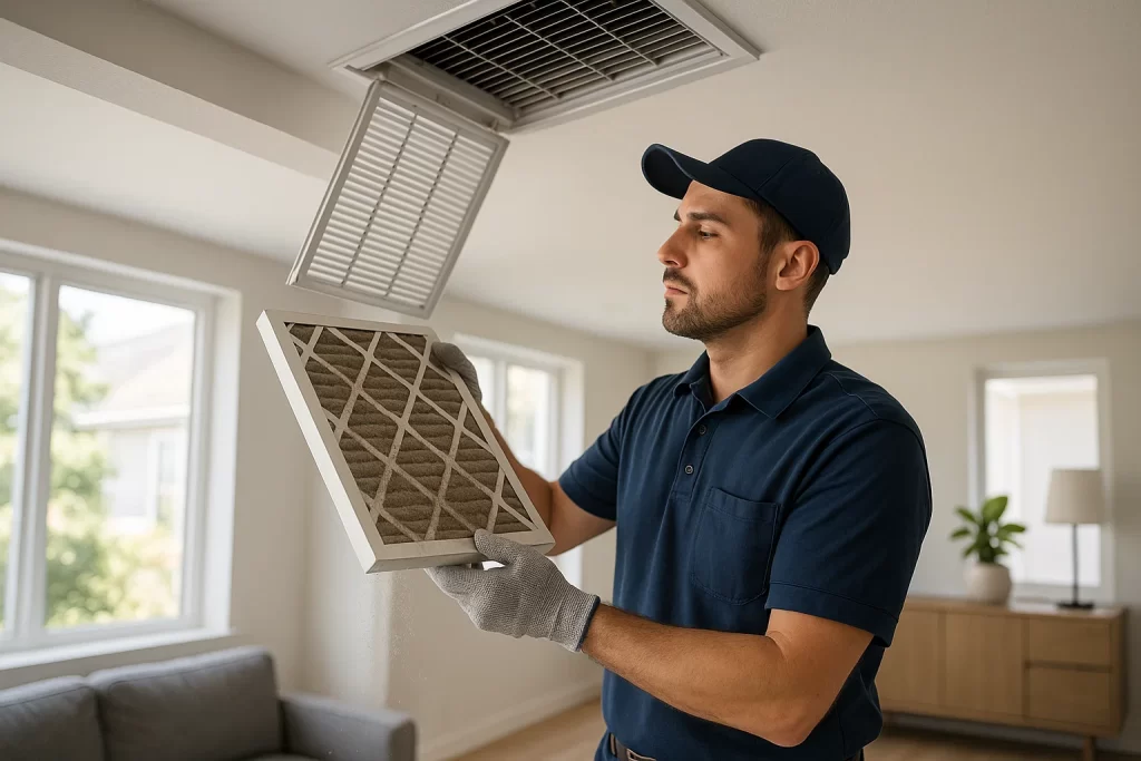 Technician replacing clogged air filter in Brentwood home
