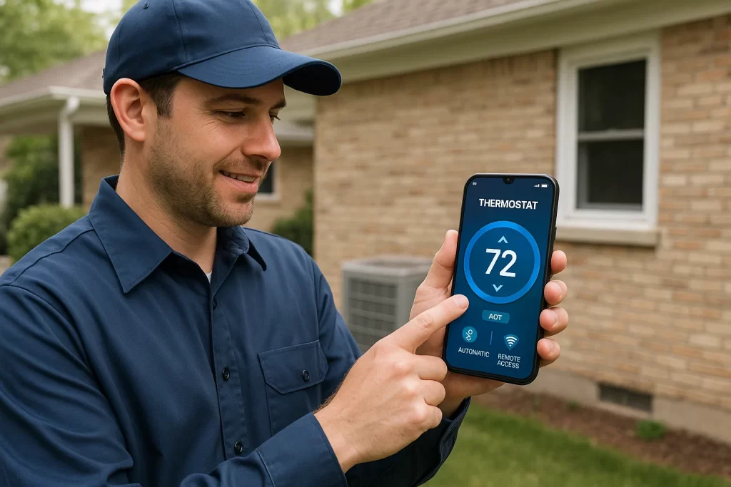 Technician adjusting thermostat settings remotely via smartphone app