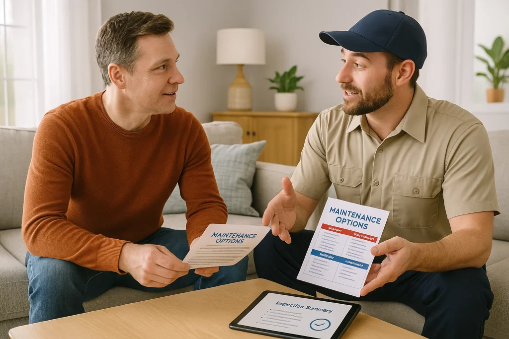 Nashville homeowner discusses HVAC maintenance plan options with technician
