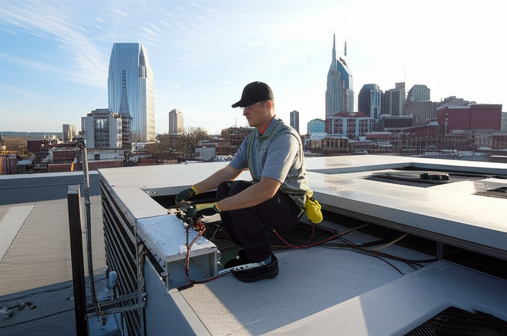 HVAC tech checks rooftop unit with manifold gauges in Nashville commercial building.