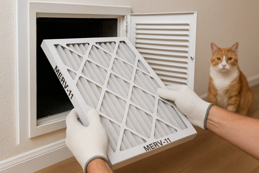 Close-up of homeowner replacing HVAC MERV-11 filter with cat in background