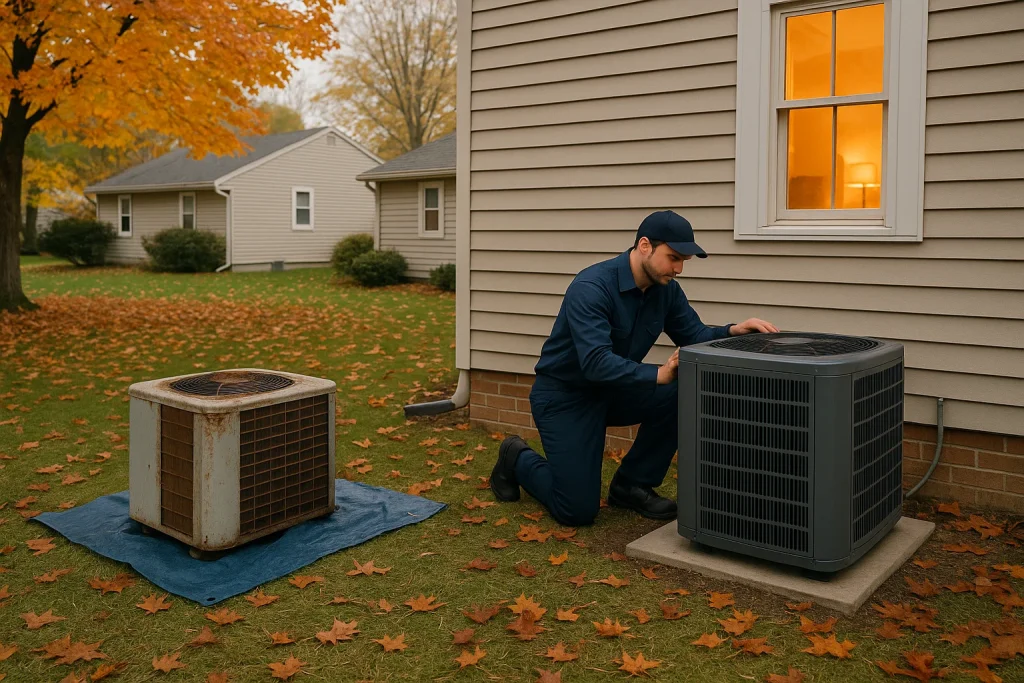 Technician installing high-efficiency HVAC system outside suburban home