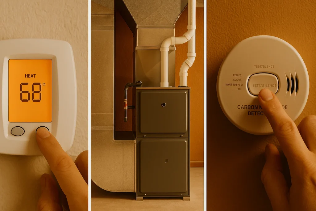 Collage of thermostat heat mode, clear furnace area, and CO detector test for fall readiness