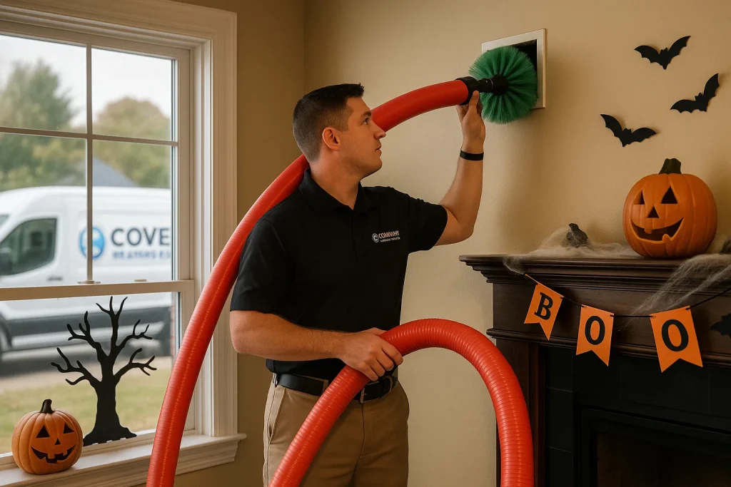 HVAC tech cleaning vents in a Halloween living roon.