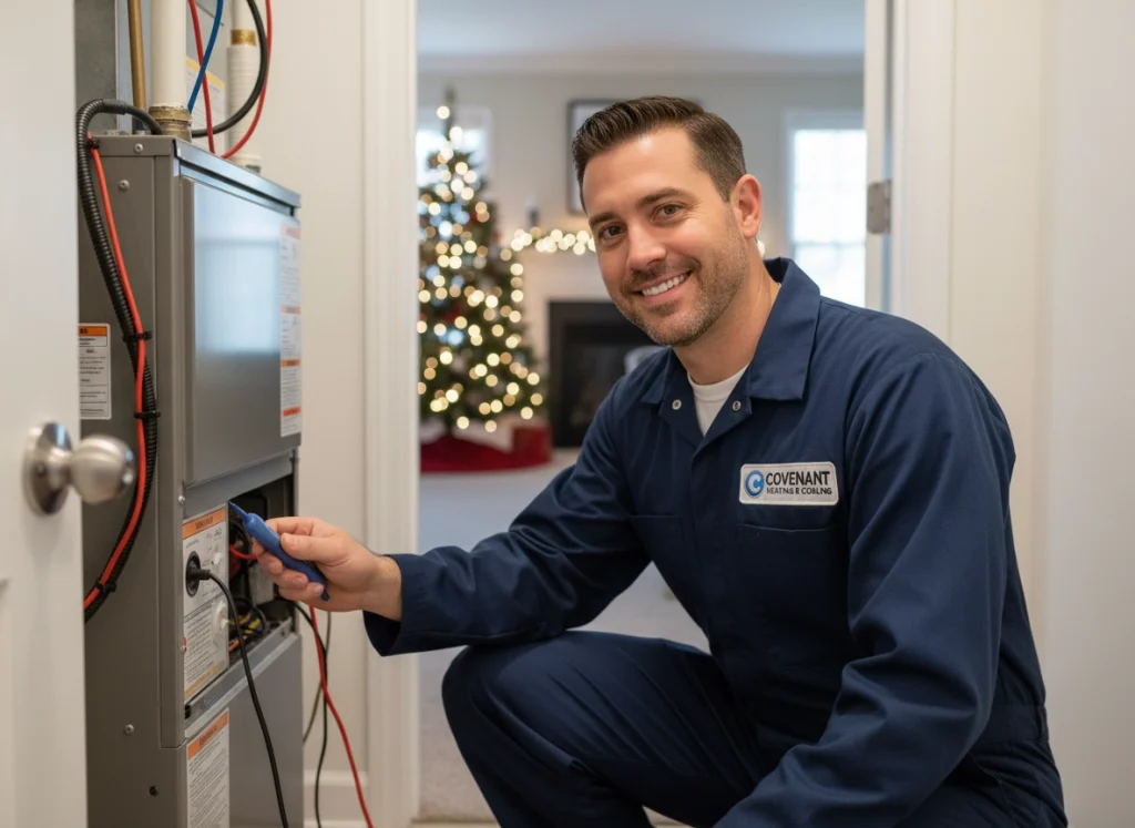 Technician performing furnace tune-up before the holidays.