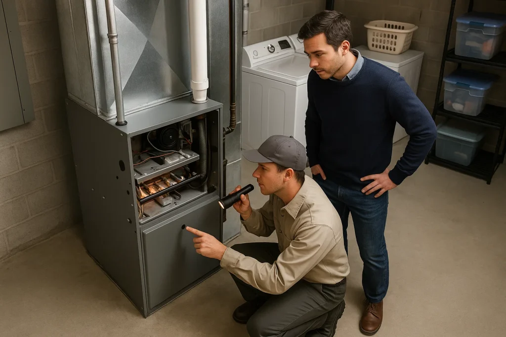 Technician inspecting furnace internal components for early warning signs in Pennsylvania home