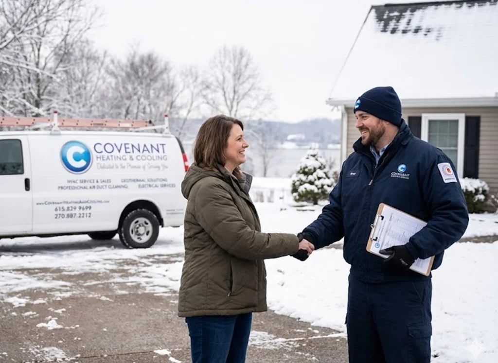 A homeowner and a hvac tech shaking hands in the driveway.