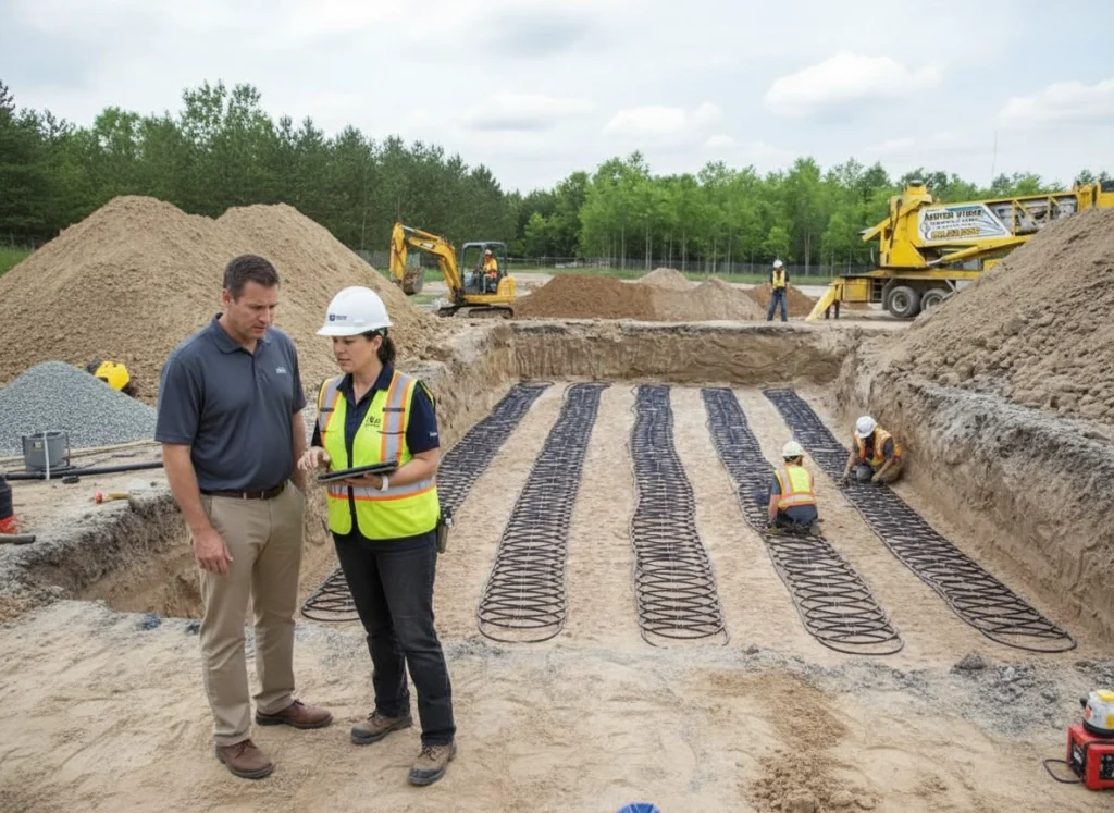 Homeowner and geothermal specialist reviewing heat pump unit and ground loop placement in backyard