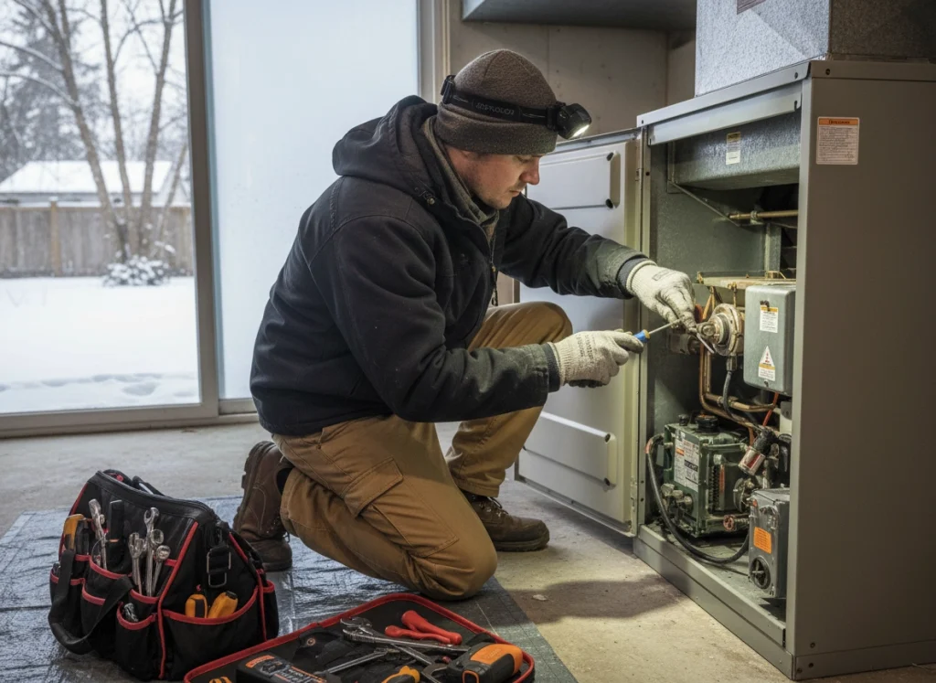 HVAC technician cleaning furnace flame sensor and inspecting ignitor during a winter heating maintenance visit.