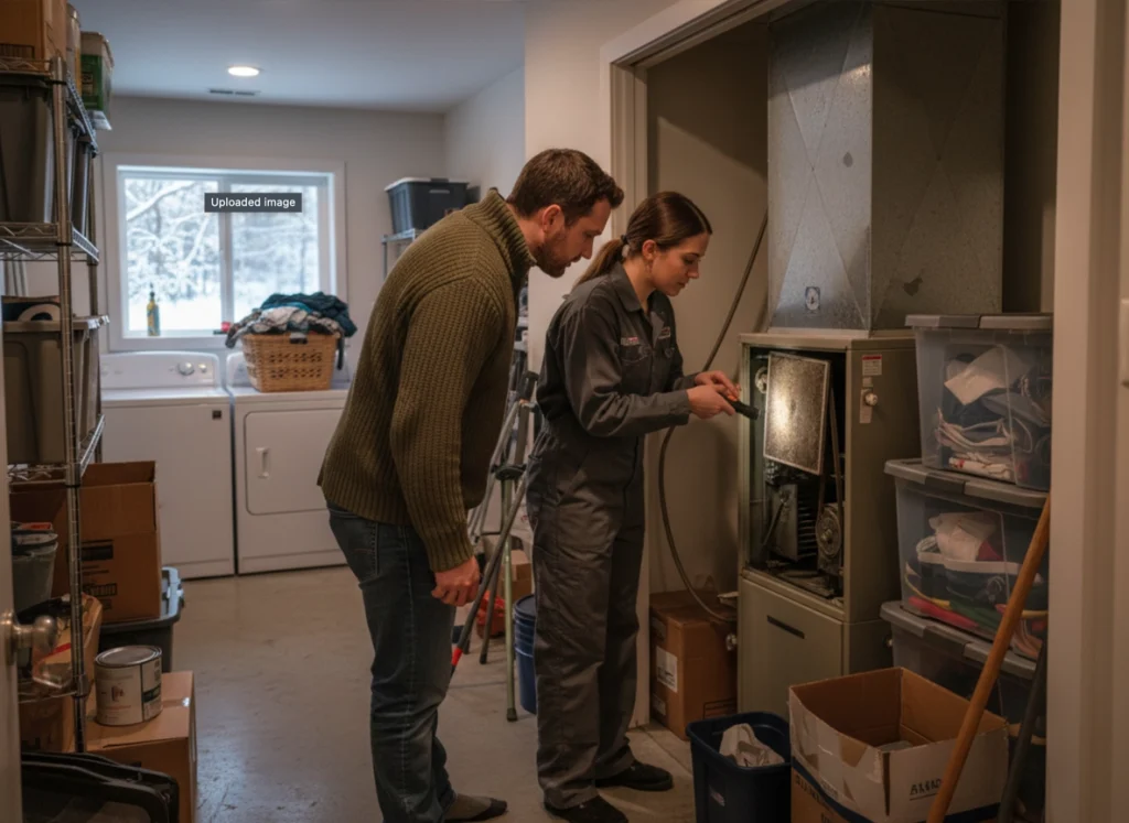 HVAC technician inspecting furnace components with homeowner in Nashville winter home