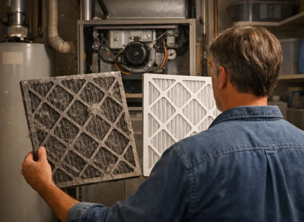 Homeowner holding dirty HVAC air filter next to clean replacement filter