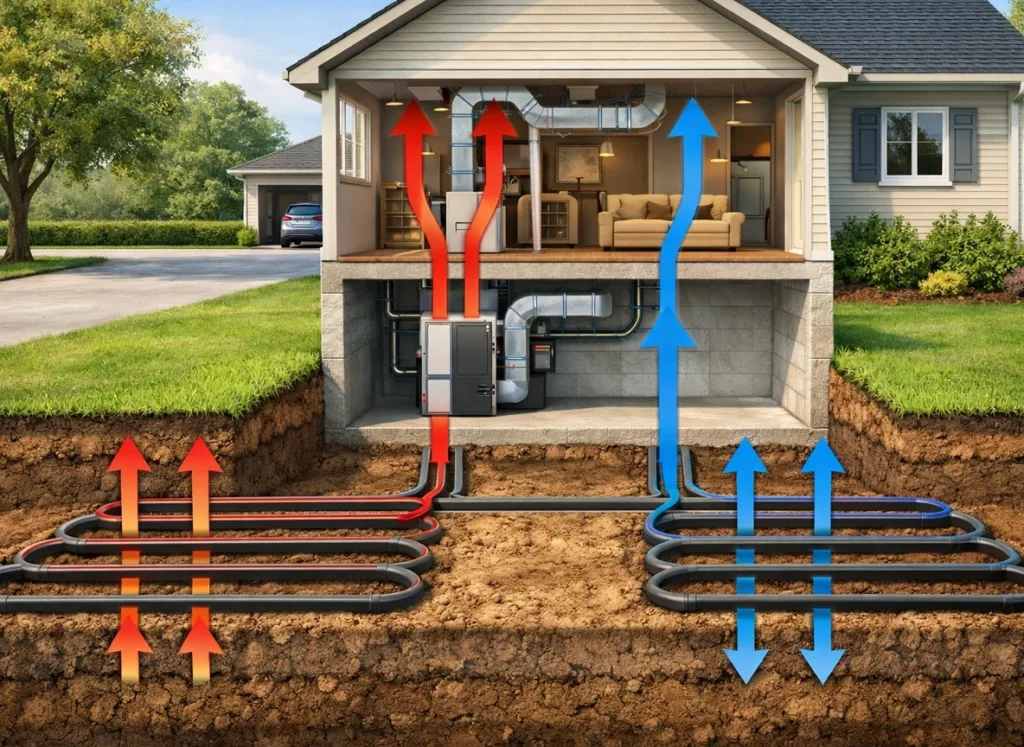 Cutaway diagram of residential geothermal heating and cooling system with underground loop