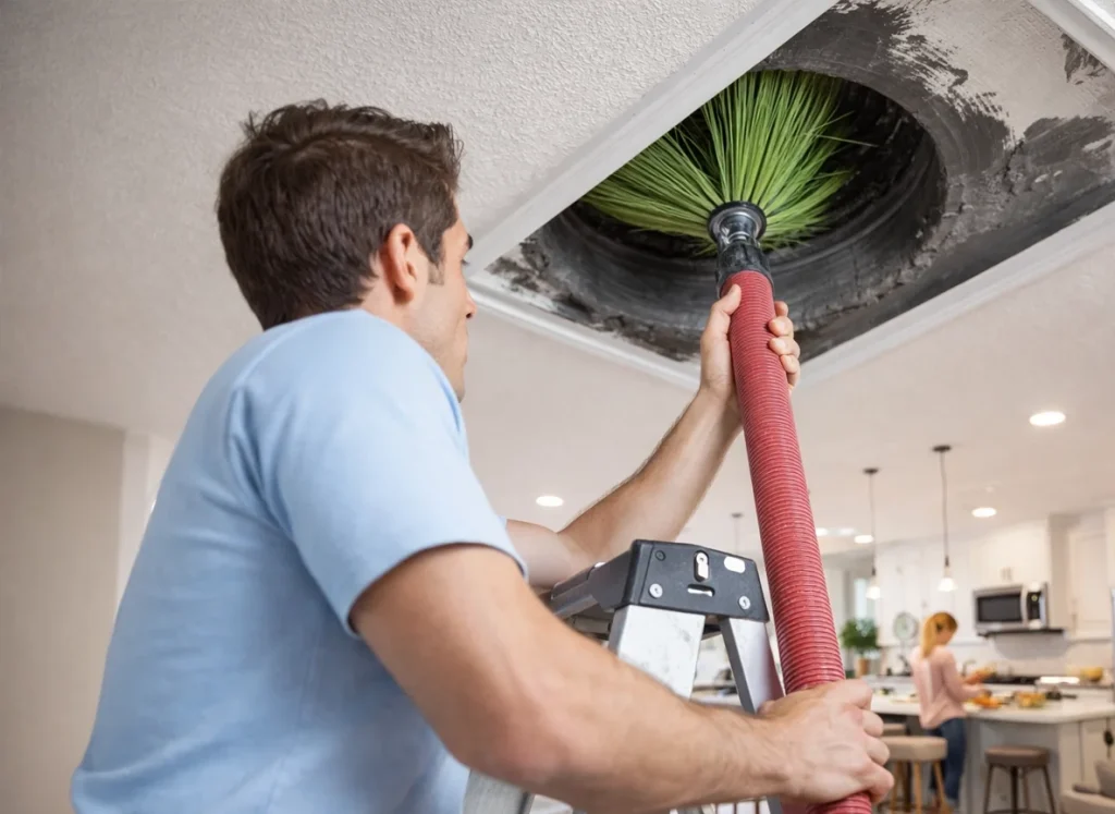 HVAC technician cleaning out an air duct.