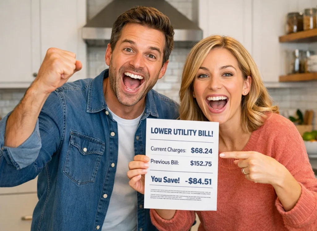 A couple super excited about their lower energy bill.