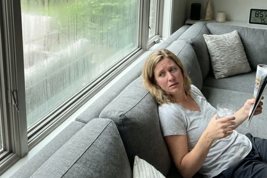 A woman sitting in the uncomfortable humidity in her house on the couch.