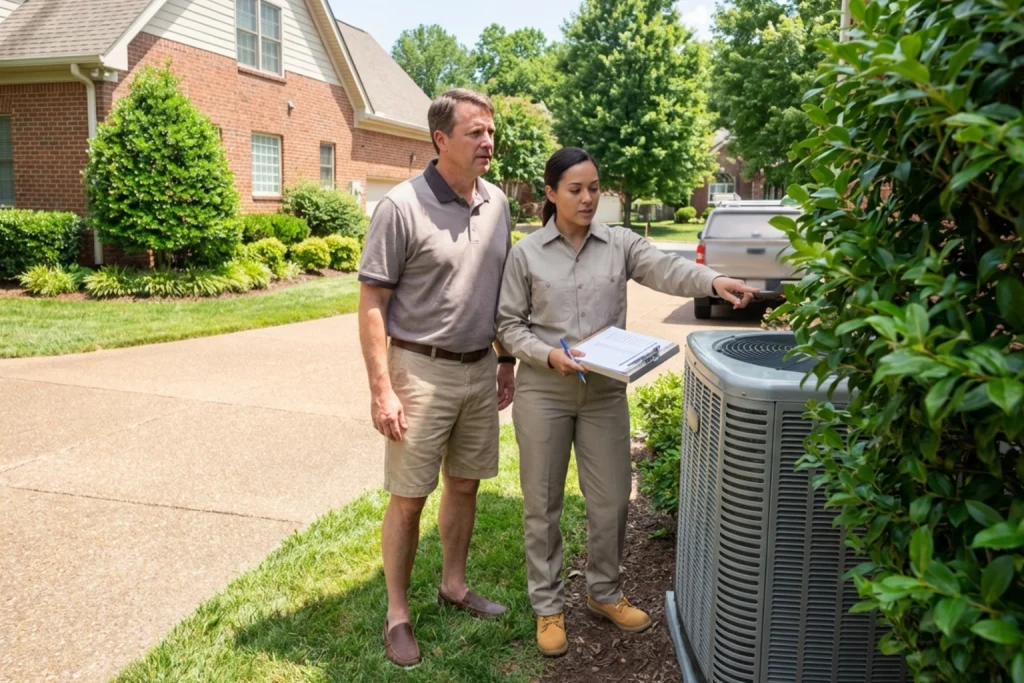 Brentwood homeowner discussing constantly running AC with technician