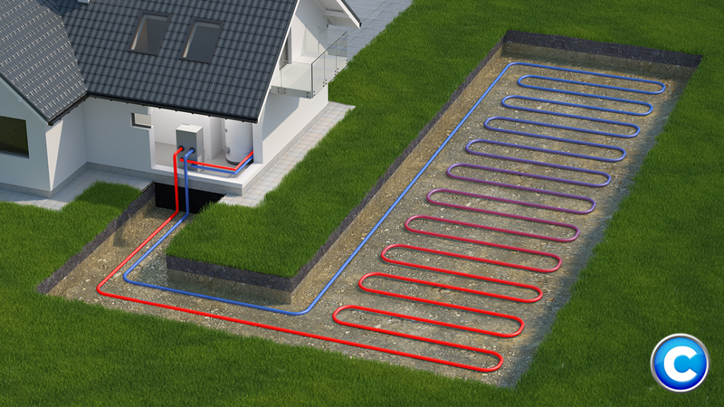 3D rendering of a home with a loop of underground geothermal wires