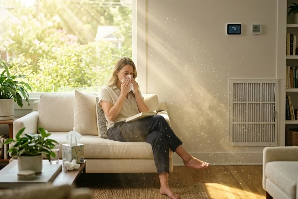 A homeowner struggling with allergies in her living room.