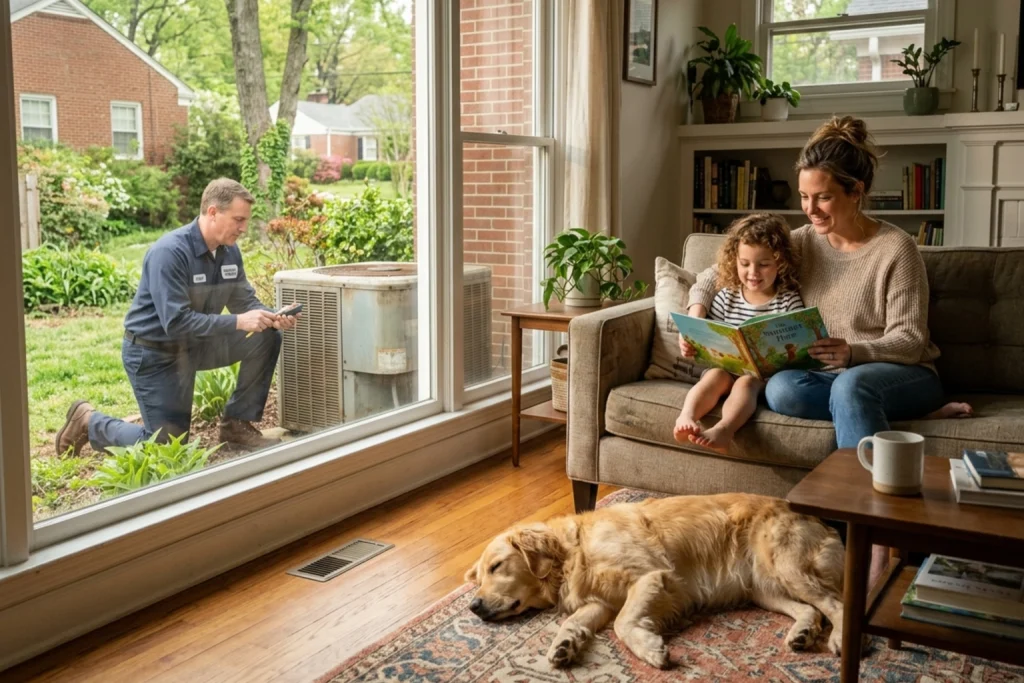 HVAC technician evaluating aging air conditioner