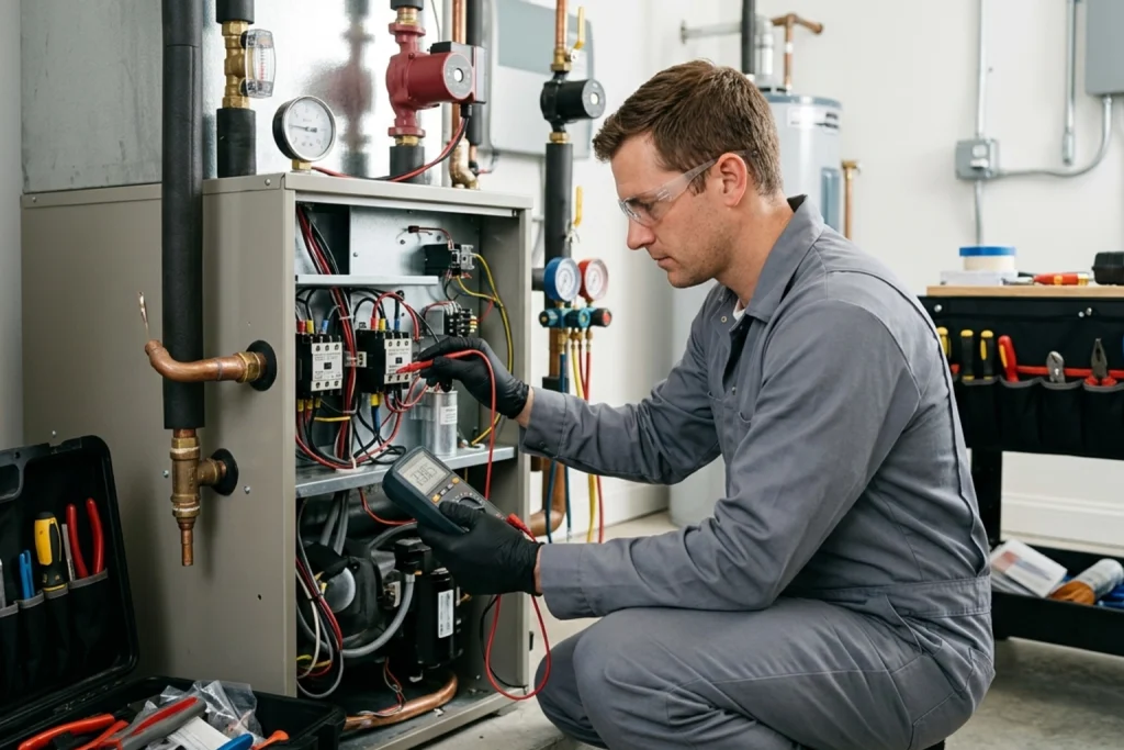 HVAC technician servicing residential geothermal heat pump