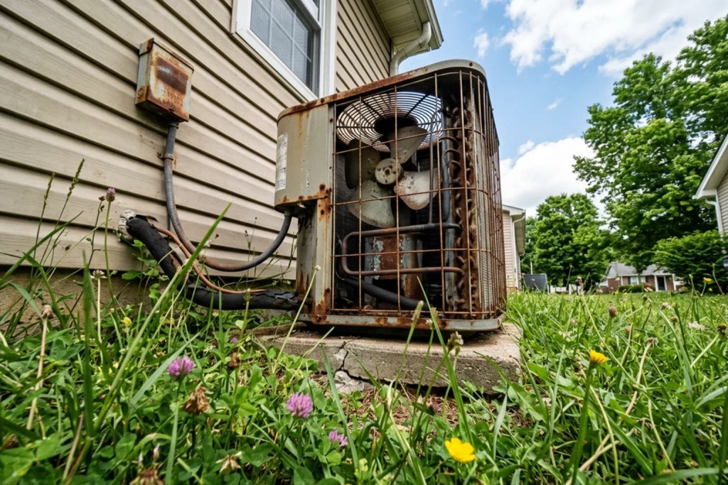 An old AC unit on the side of a house.