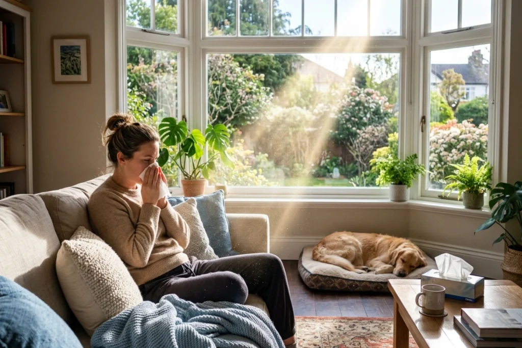The woman sitting on her couch, blowing her nose because of the pollen and dust in the air.