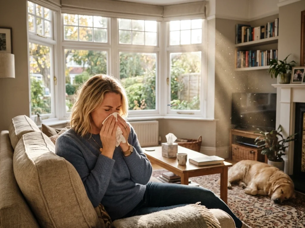 A woman sneezing in her living room due to the pollen and dust in the air.