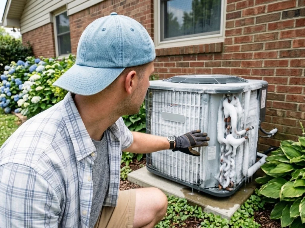 A homeowner observing ice build up on his ac unit.