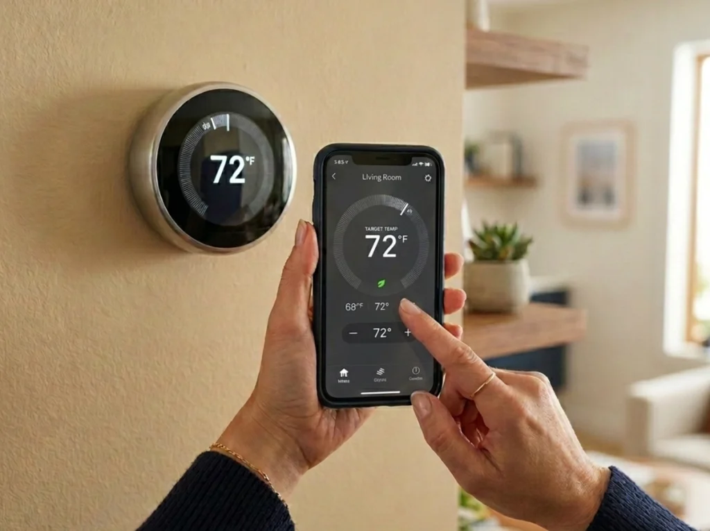 Close-up image of a smart thermostat and a smart phone, adjusting it.