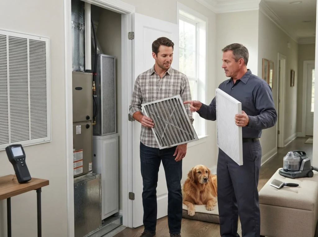 Hendersonville homeowner comparing pet-loaded HVAC filters and air purification