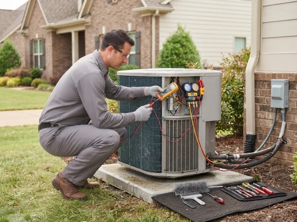 HVAC technician performing an annual air conditioner tune-up