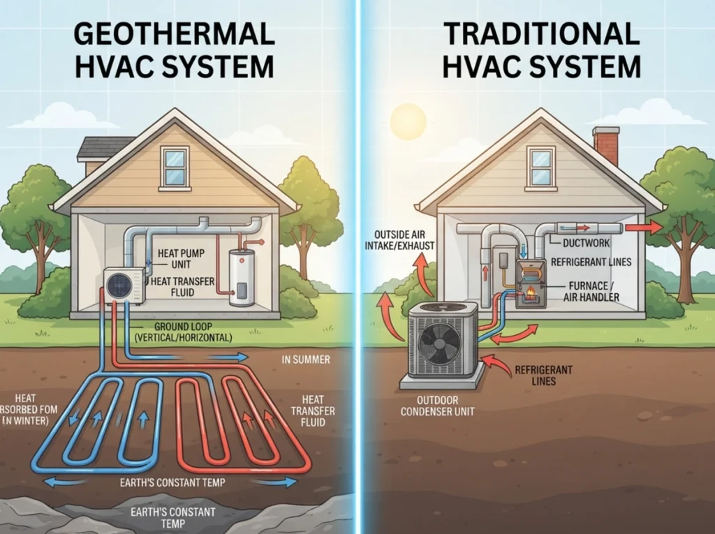 A split screen showing the comparison of geothermal HVAC and traditional HVAC systems.
