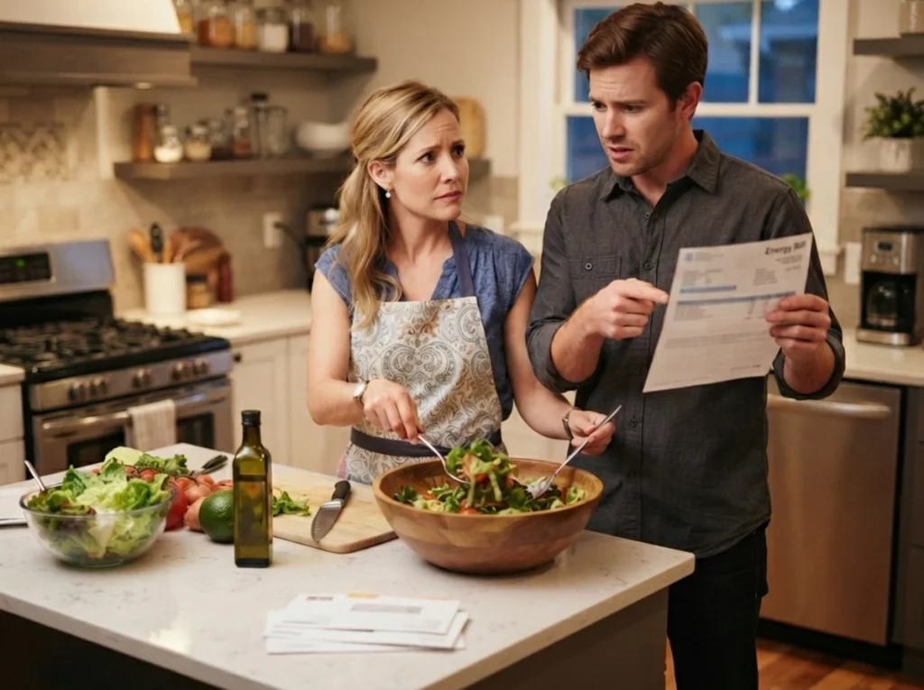 A husband and wife looking at a high energy bill.