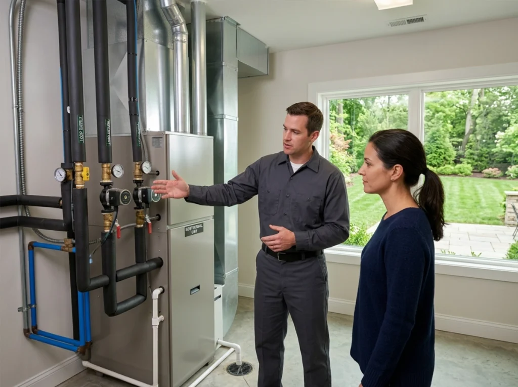 Brentwood homeowner discussing geothermal HVAC options with technician