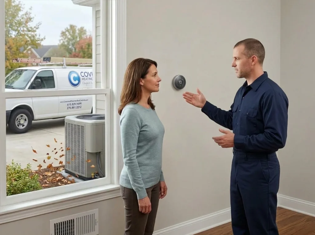Nashville homeowner preparing heat pump for cooler fall mornings