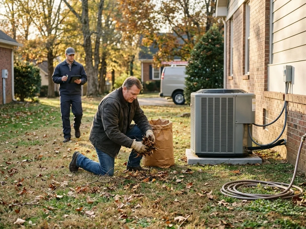Hendersonville homeowner clearing leaves around outdoor AC before winter